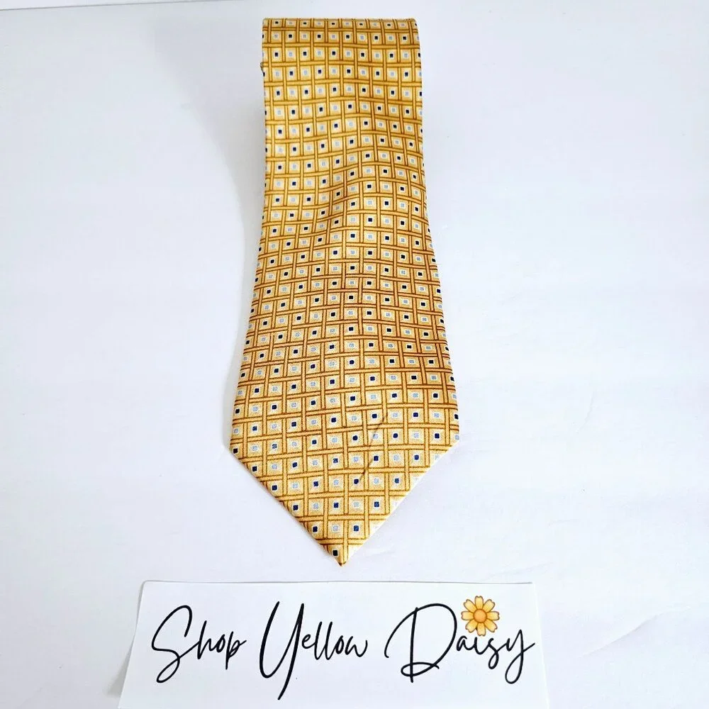 Vintage Neo Bill Blass Silk Necktie‎ Gold Blue Geometric Square Pattern Classic